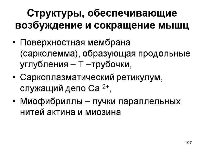 107 Структуры, обеспечивающие возбуждение и сокращение мышц Поверхностная мембрана (сарколемма), образующая продольные углубления –